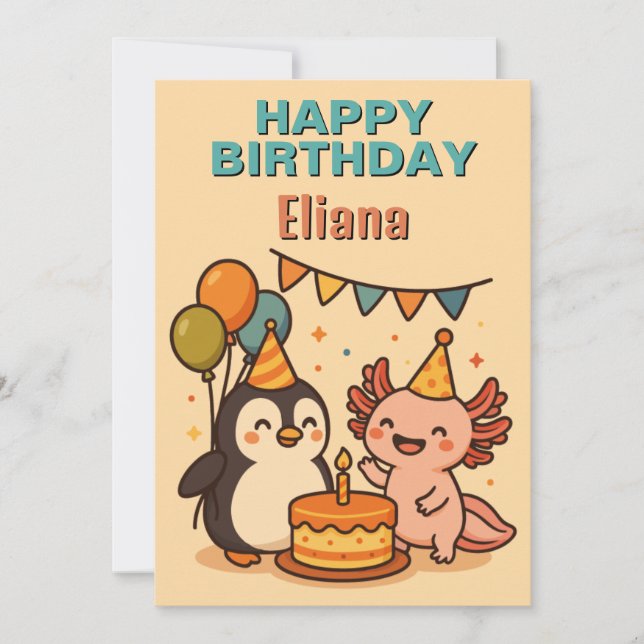awesome Penguin and axolotl happy birthday Invitation (Front)