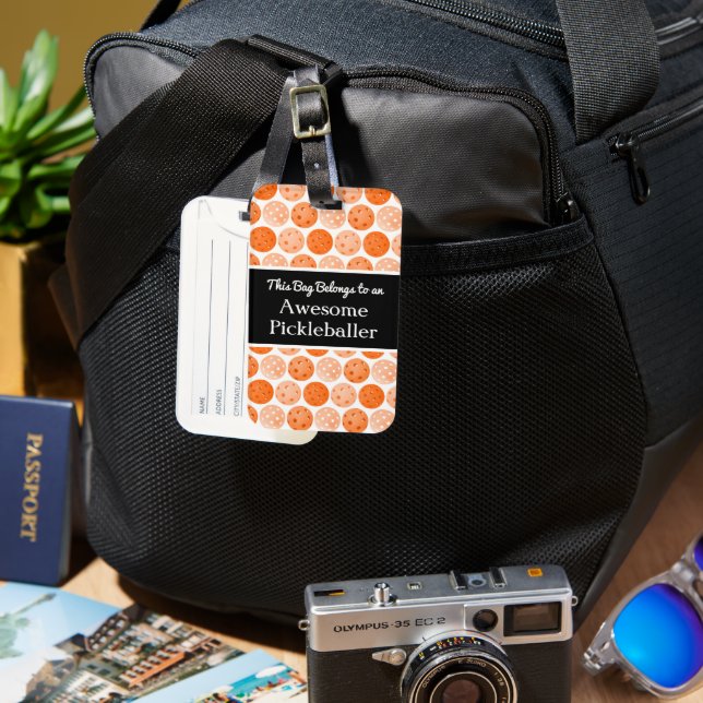 Awesome Pickleballer Travel Orange Pickleballs Luggage Tag (Front & Back)