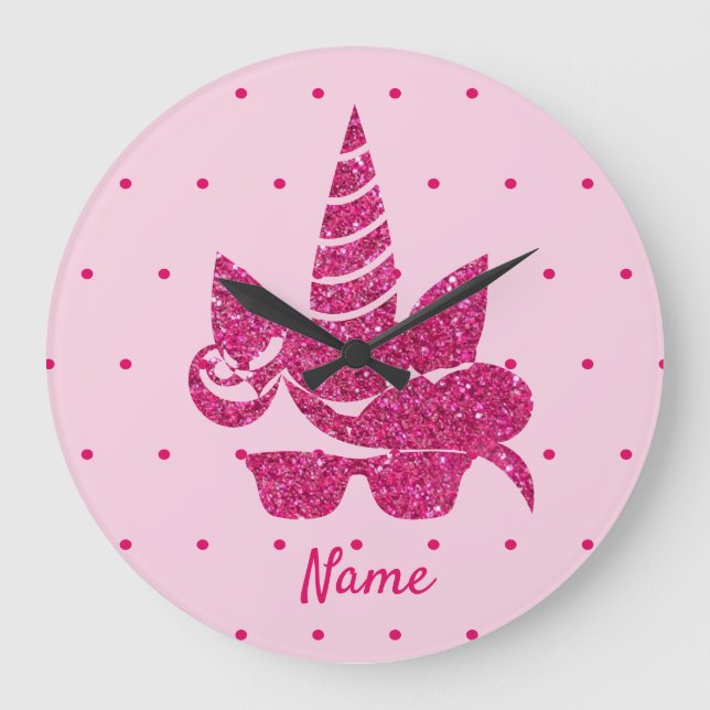 Awesome pink faux glitter cute unicorn sunglasses large clock (Front)