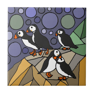 Awesome Puffin Bird Art Abstract Original Ceramic Tile