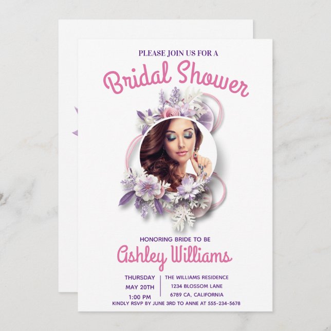 Awesome Purple Floral Photo Template Bridal Shower (Front/Back)