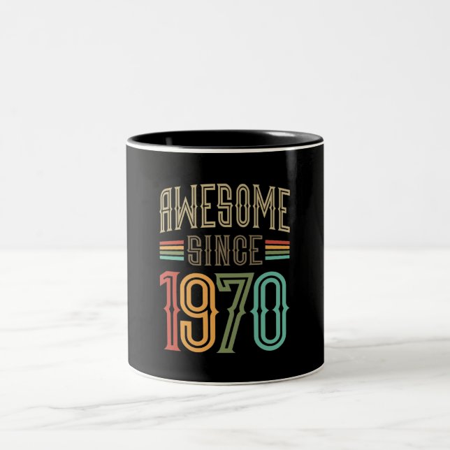 Awesome Since 1970 52nd Birthday Funny Retro Two-Tone Coffee Mug (Center)