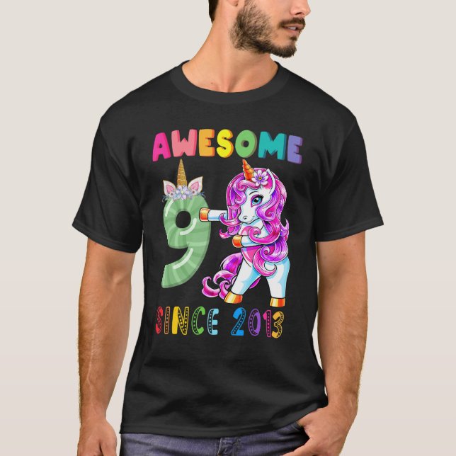 Awesome Since 2013 Flossing Unicorn 9th Birthday   T-Shirt (Front)