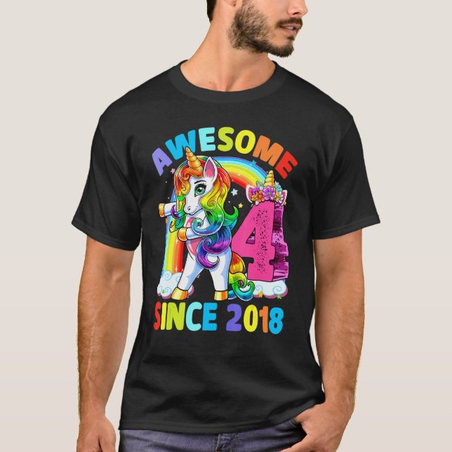 Awesome Since 2018 Dabbing Unicorn 4th Birthday Gi T-Shirt (Front)