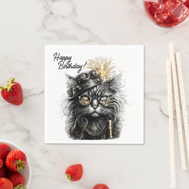 Awesome Steampunk Cat Birthday  Napkin (Insitu)