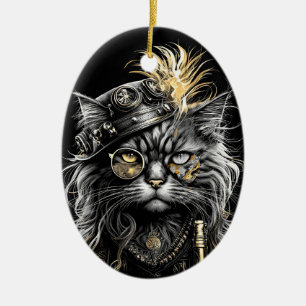 Awesome Steampunk Cat  Ceramic Ornament