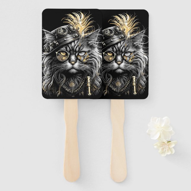 Awesome Steampunk Cat  Hand Fan (Front and Back)