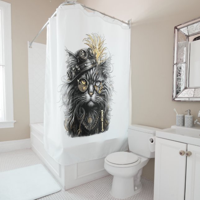 Awesome Steampunk Cat  Shower Curtain (In Situ)