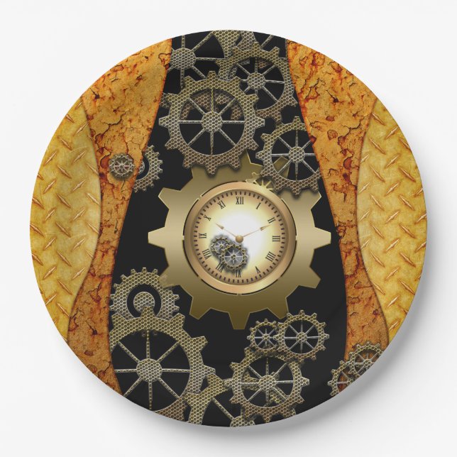 Awesome steampunk design with clocks and gears paper plate (Front)