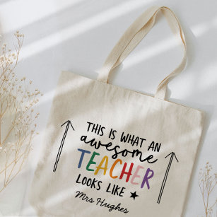 Awesome teacher modern typography rainbow gift tote bag