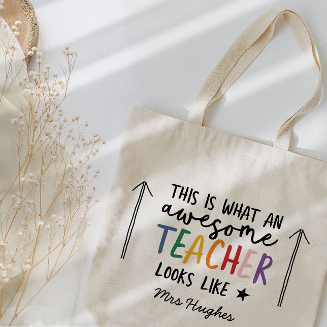 Awesome teacher modern typography rainbow gift tote bag (Creator Uploaded)