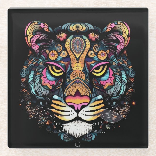 Awesome Tiger Head  Glass Coaster (Front)