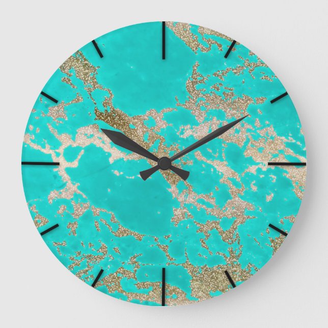 Awesome trendy modern faux gold glitter marble large clock (Front)