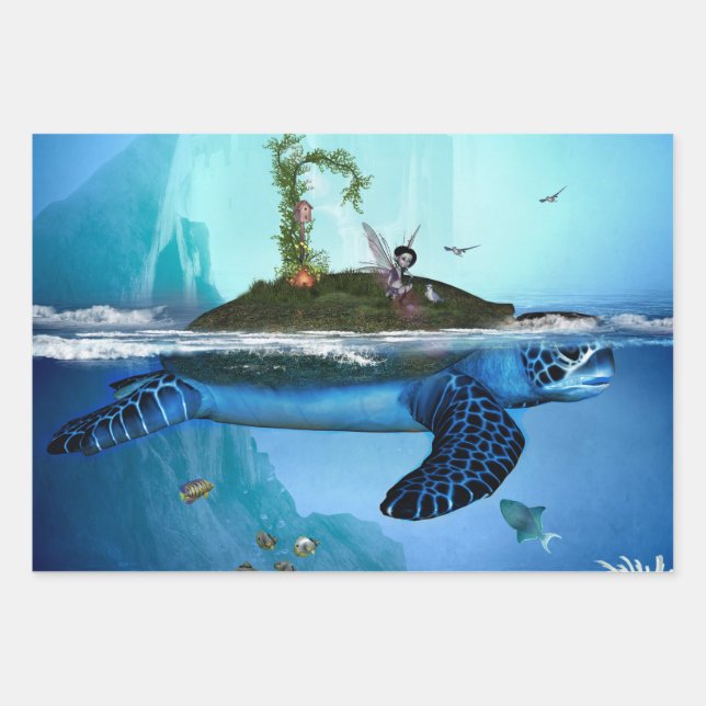 Awesome turtle with fairy and birds wrapping paper sheet (Front)