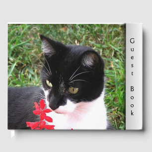 Awesome Tuxedo Cat in Garden Custom Text in Spine Guest Book