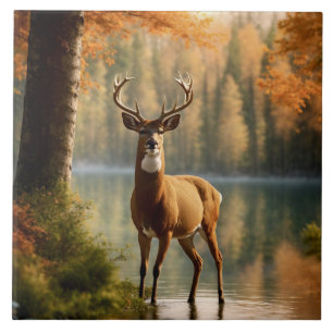 Awesome Twelve Point Buck in Autumn Waters Ceramic Tile