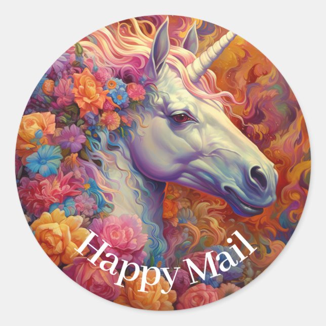 Awesome Unicorn Happy Mail  Classic Round Sticker (Front)