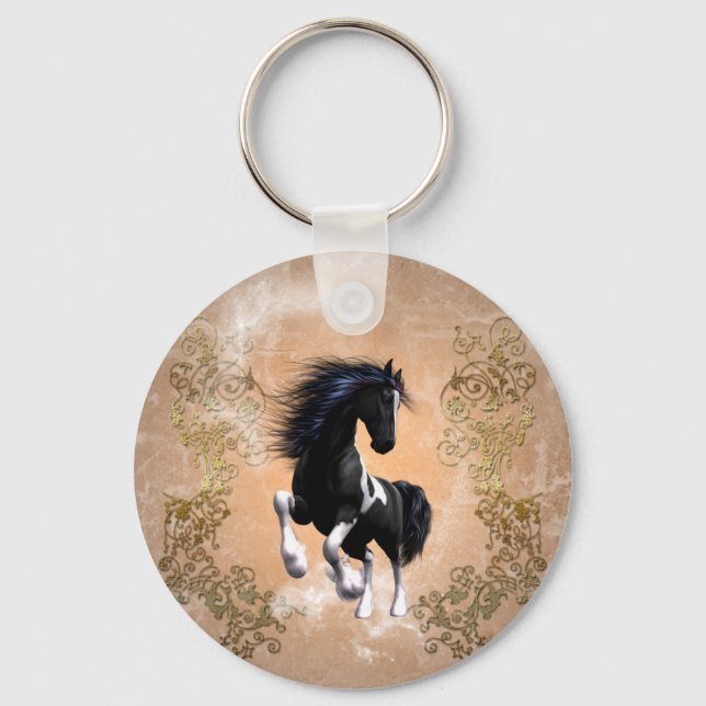 Awesome wild horse with floral elements key ring (Front)
