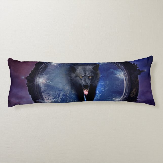 Awesome wolf comes through a gate body cushion (Back)