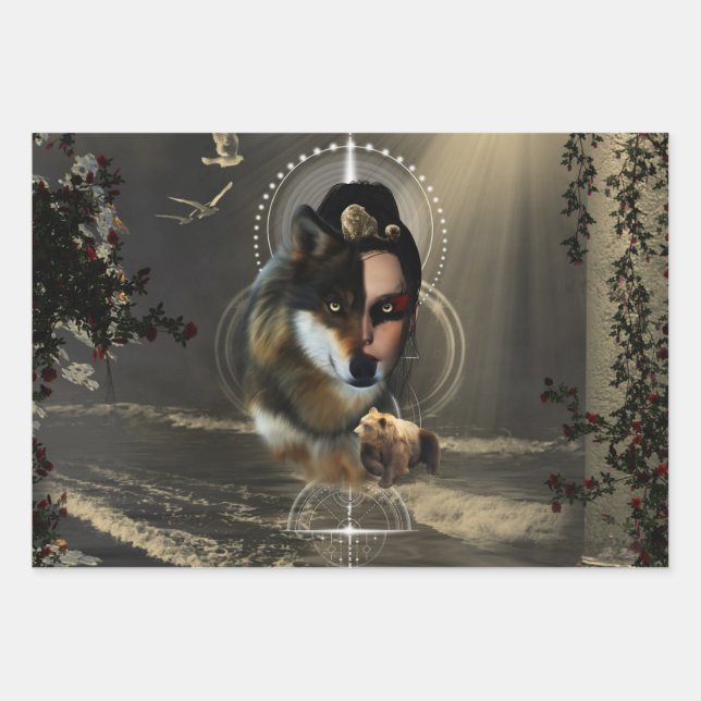 Awesome wolf with fairy wrapping paper sheet (Front)