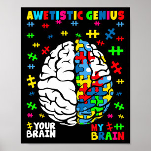 Awetistic Genius Autism Brain Puzzle Awareness Des Poster