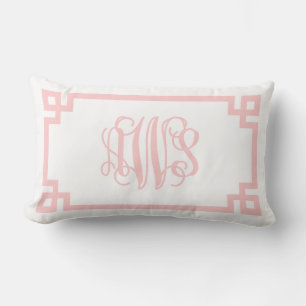 AWS Light Pink Greek Key Script Monogram Lumbar Cushion