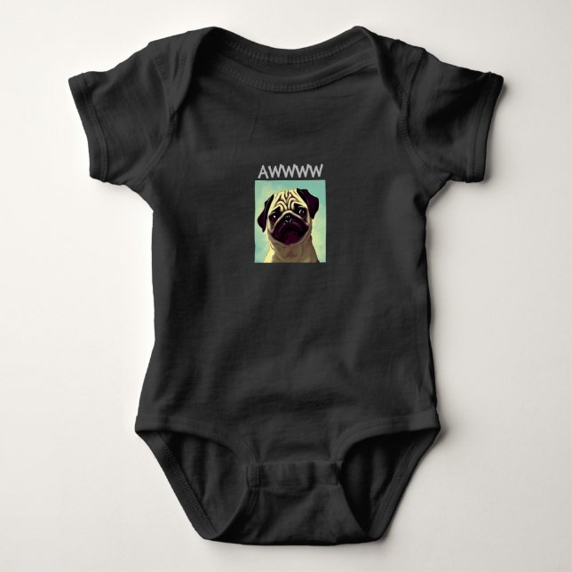 Awww Cutest Pug Ever Cute Puppy Adorable Cartoon Baby Bodysuit (Front)