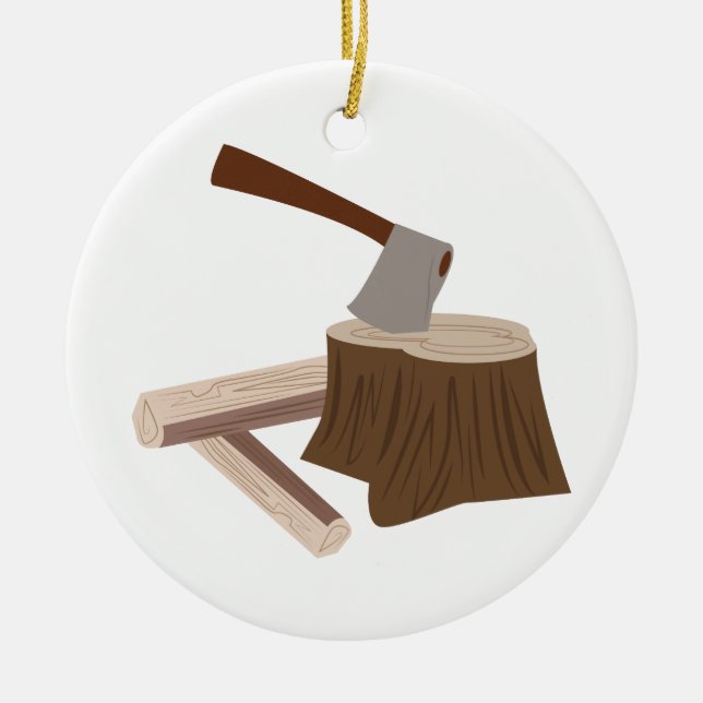 Ax In Stump Ceramic Ornament (Front)
