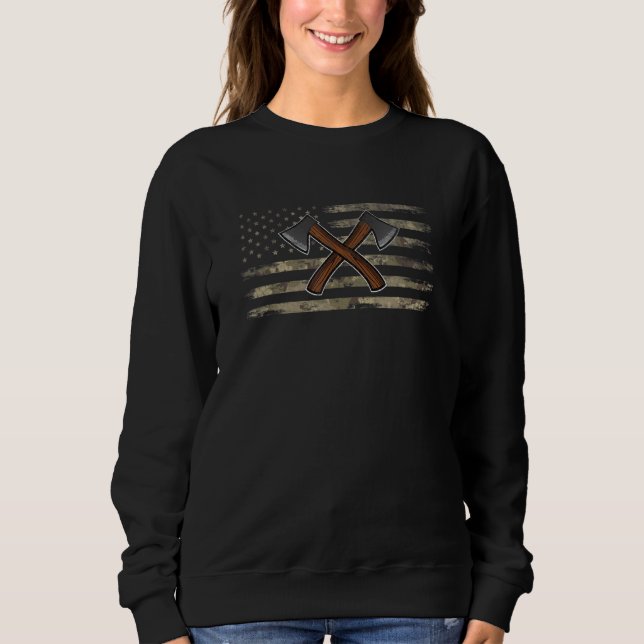 Axe Throwing Hatchet Distressed American Flag Camo Sweatshirt (Front)