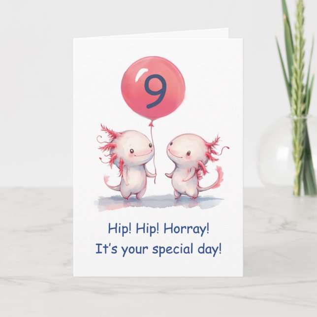 Axolotl 9th Birthday Wishes in Pink with a Balloon Card (Front)