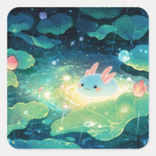 Axolotl Among Rainy Lilies Square Sticker
