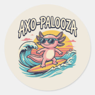 Axolotl Axo-Palooza parody 90s style surfing beach Classic Round Sticker
