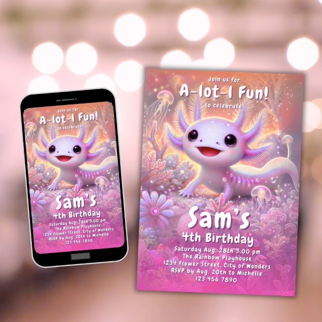 Axolotl Birthday Invitation Girls Pink Axolotl (Creator Uploaded)
