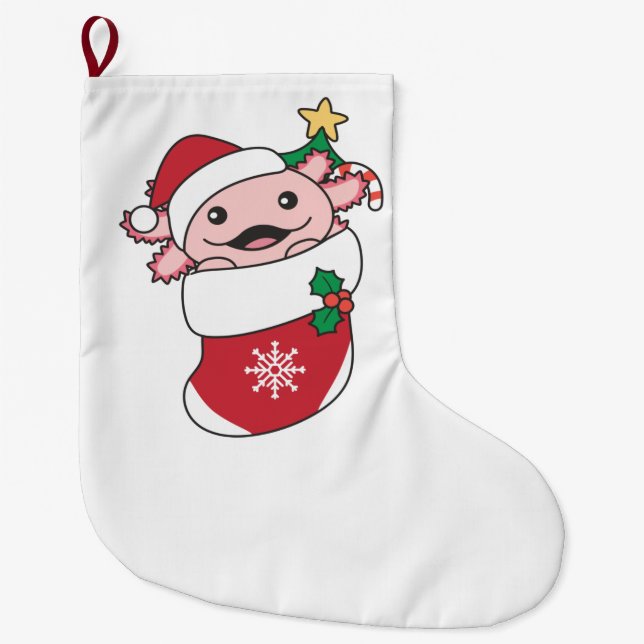 Axolotl Christmas Snow Winter Animals Axolotls Large Christmas Stocking (Front)