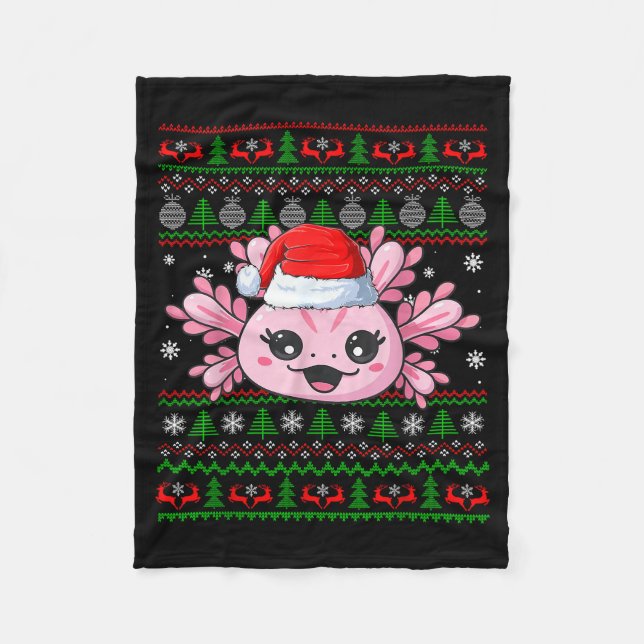 Axolotl Christmas Ugly Sweater Santa Axolotl Head  Fleece Blanket (Front)
