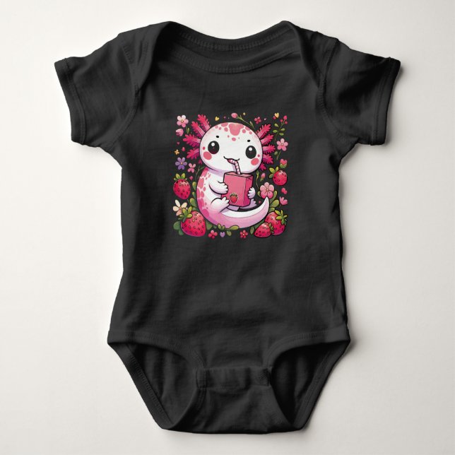 Axolotl Drinking Japanese Strawberry Milk  Baby Bodysuit (Front)