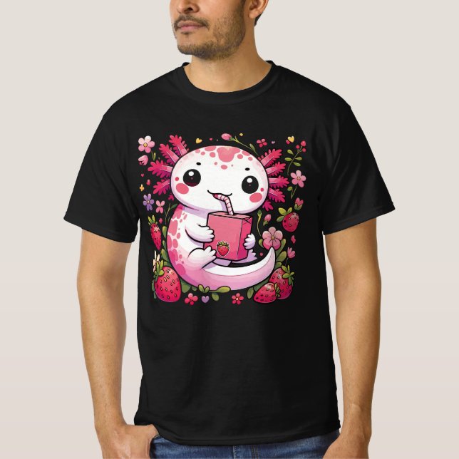 Axolotl Drinking Japanese Strawberry Milk  T-Shirt (Front)