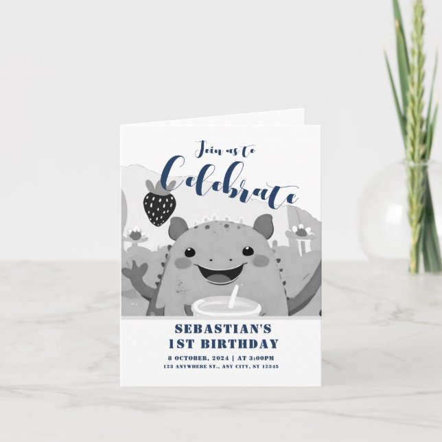 Axolotl Drinking Milk 1st Birthday Invitation (Front)