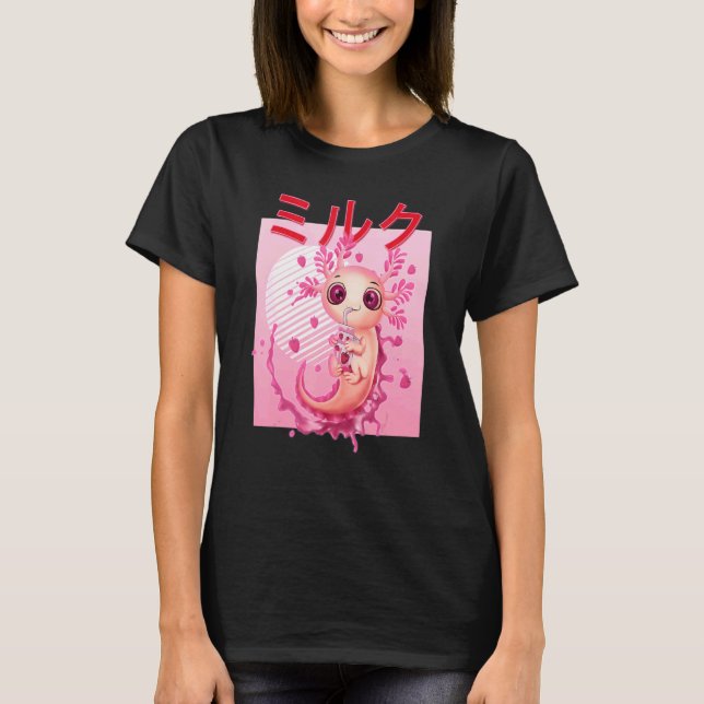Axolotl Drinking Strawberry Milk Pink Plush Salama T-Shirt (Front)