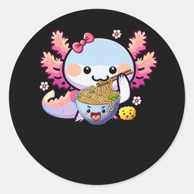 Axolotl Eating Ramen Noodle Anime Kawaii Japanese  Classic Round Sticker (Front)