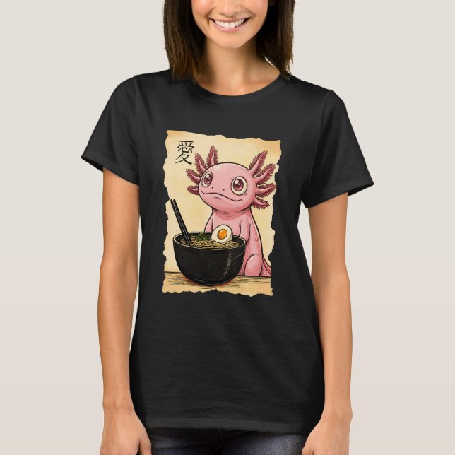 Axolotl Eating Ramen Noodles Kawaii Anime Aestheti T-Shirt (Front)