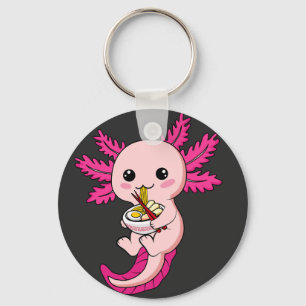 Axolotl Eating Ramen Noodles Kawaii Anime Button Key Ring