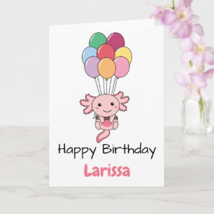 Axolotl Flies Up With Colourful Balloons Birthday Card