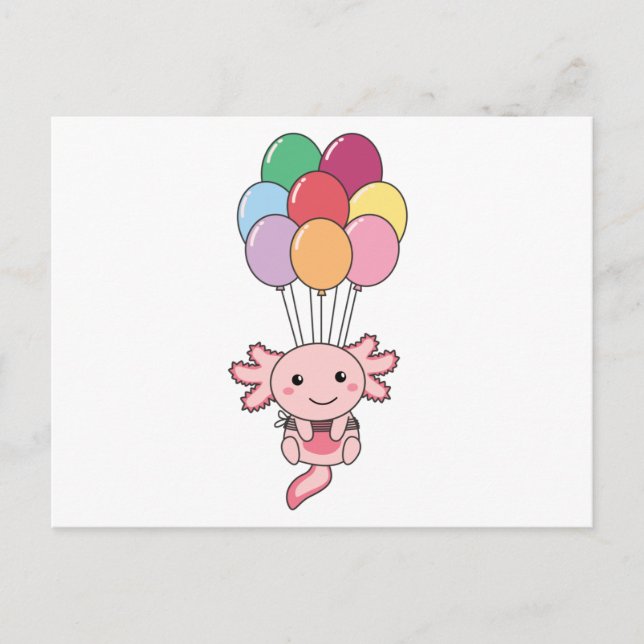 Axolotl Flies Up With Colourful Balloons Postcard (Front)