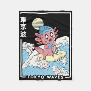 Axolotl Gaming Surfing Japanese Waves Kids Kawaii  Fleece Blanket