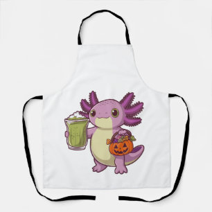 Axolotl Holding Halloween Basket and Matcha  Apron