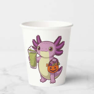 Axolotl Holding Halloween Basket and Matcha Paper Cups