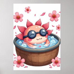 Axolotl Hot Tub Relaxation Kawaii Cute Animal Art Poster