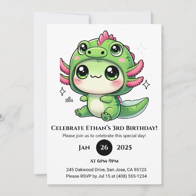 Axolotl in Dragon Hat Birthday Invitation (Front)