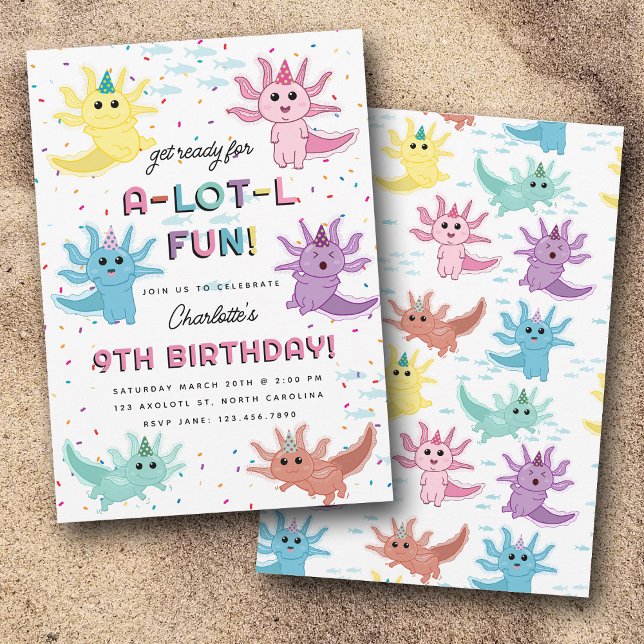 Axolotl Kids Cute Salamander Birthday Party Invitation (Axolotl Kids Cute Salamander Birthday Party Invitation)